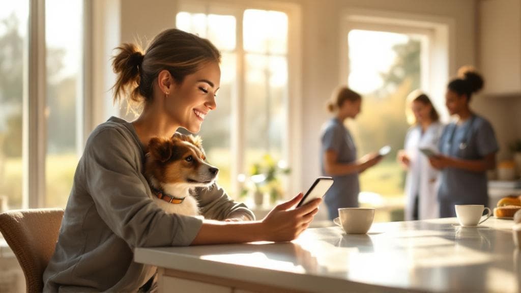 Dog owner checking care timeline on phone